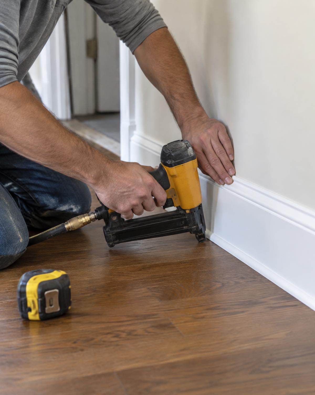 Handyman installing baseboard trim with a nail gun