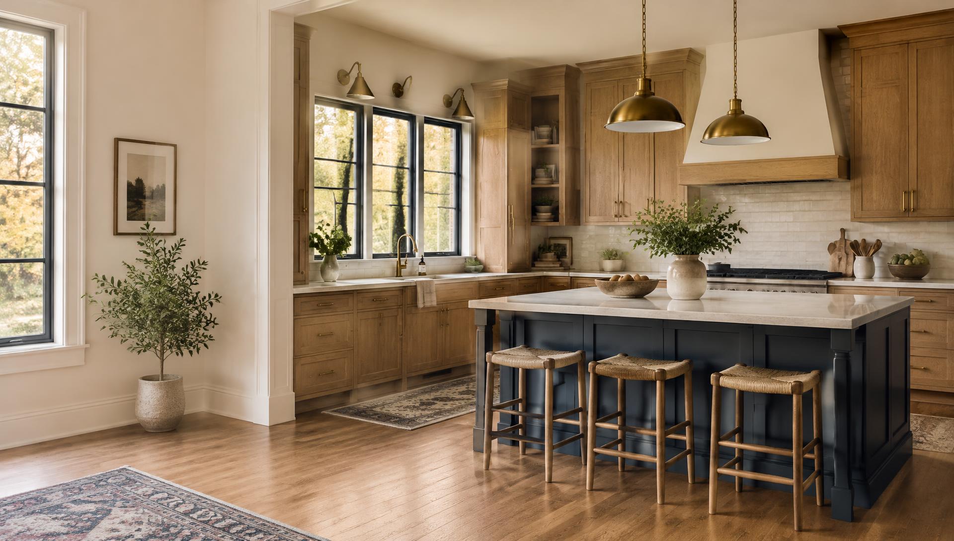 Renovated Minnesota kitchen with oak cabinetry, a navy island and brass pendant lights